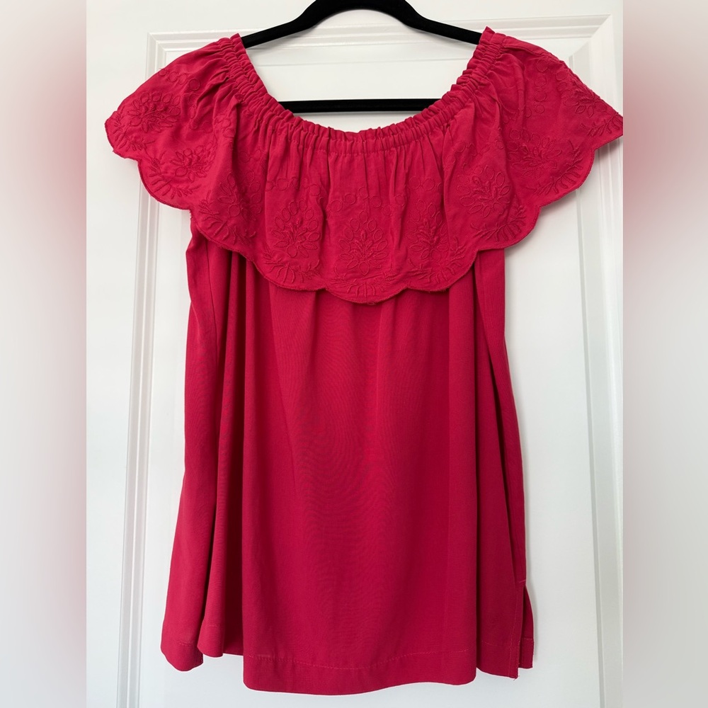 LOFT Fuchsia Off-Shoulder Embroidered Ruffle Tunic